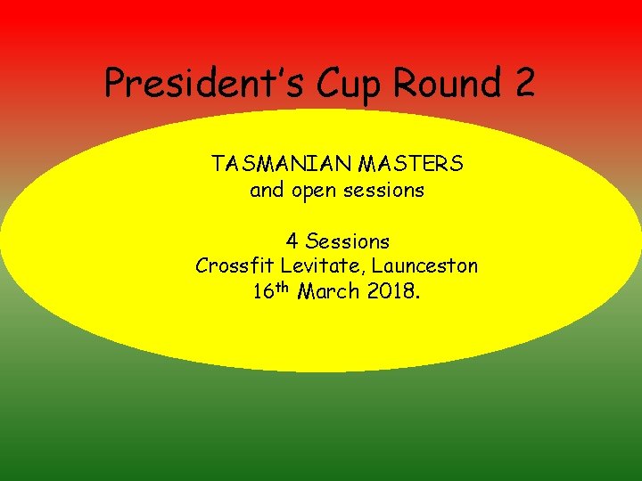 President’s Cup Round 2 TASMANIAN MASTERS and open sessions 4 Sessions Crossfit Levitate, Launceston