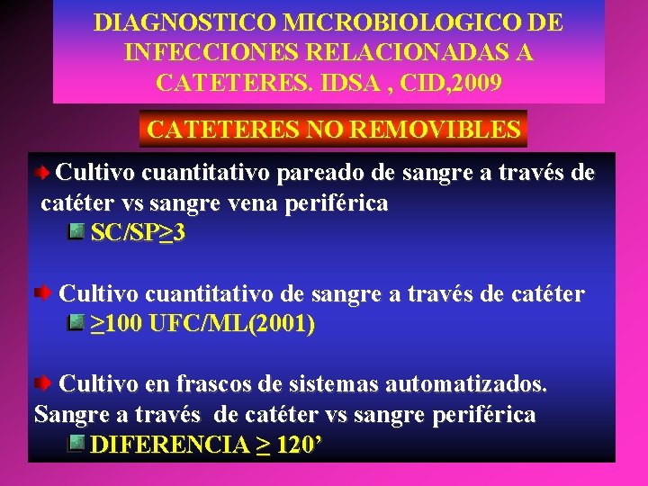 DIAGNOSTICO MICROBIOLOGICO DE INFECCIONES RELACIONADAS A CATETERES. IDSA , CID, 2009 CATETERES NO REMOVIBLES