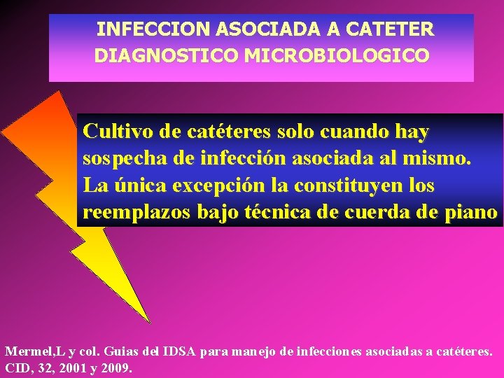 INFECCION ASOCIADA A CATETER DIAGNOSTICO MICROBIOLOGICO Cultivo de catéteres solo cuando hay sospecha de