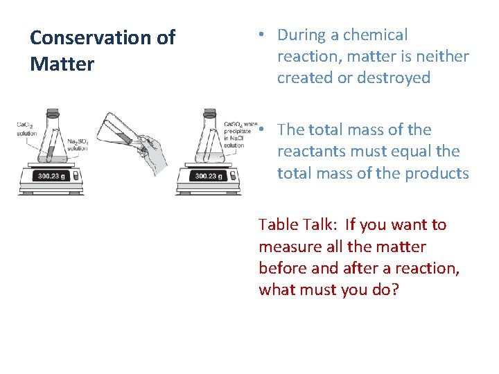 Conservation of Matter • During a chemical reaction, matter is neither created or destroyed