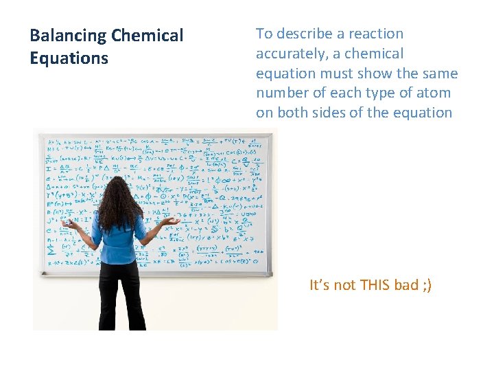 Balancing Chemical Equations To describe a reaction accurately, a chemical equation must show the