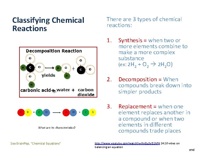 Classifying Chemical Reactions See Brain. Pop, “Chemical Equations” There are 3 types of chemical
