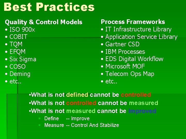 Best Practices Quality & Control Models • ISO 900 x • COBIT • TQM