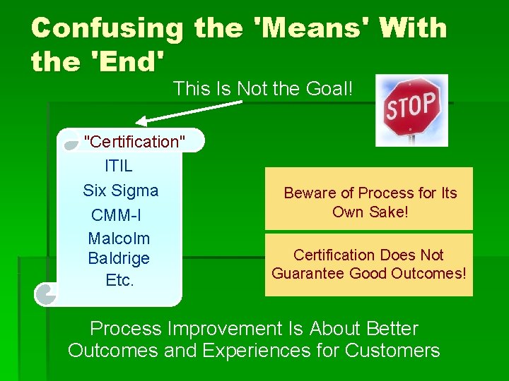 Confusing the 'Means' With the 'End' This Is Not the Goal! "Certification" ITIL Six