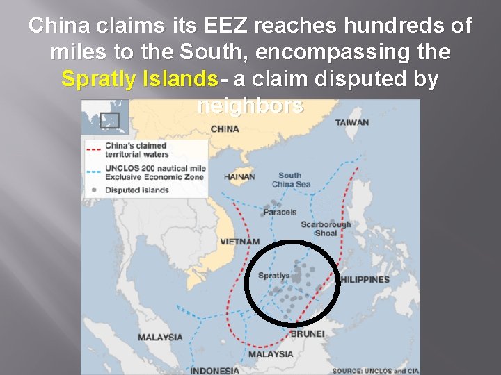 China claims its EEZ reaches hundreds of miles to the South, encompassing the Spratly