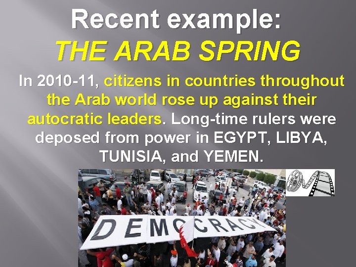 Recent example: THE ARAB SPRING In 2010 -11, citizens in countries throughout the Arab