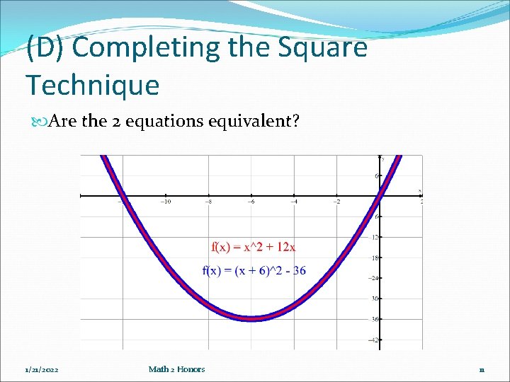 (D) Completing the Square Technique Are the 2 equations equivalent? 1/21/2022 Math 2 Honors