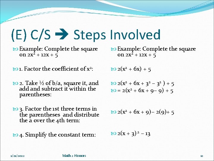 (E) C/S Steps Involved Example: Complete the square on 2 x 2 + 12