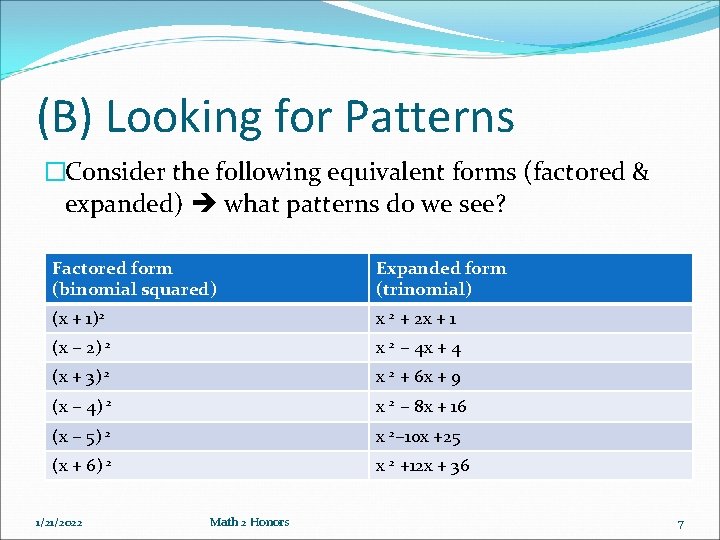 (B) Looking for Patterns �Consider the following equivalent forms (factored & expanded) what patterns