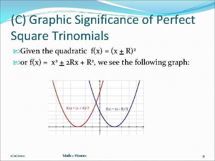 (C) Graphic Significance of Perfect Square Trinomials Given the quadratic f(x) = (x +