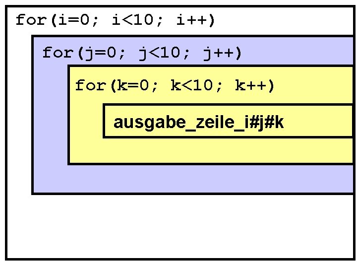for(i=0; i<10; i++) for(j=0; j<10; j++) for(k=0; k<10; k++) ausgabe_zeile_i#j#k 