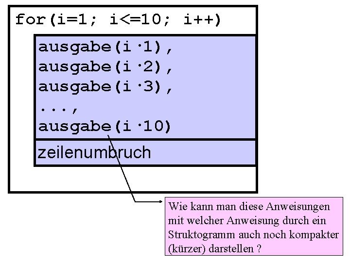 for(i=1; i<=10; i++) ausgabe(i· 1), ausgabe(i· 2), ausgabe(i· 3), . . . , ausgabe(i·