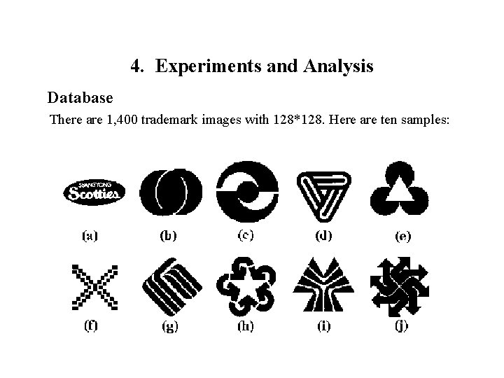 4. Experiments and Analysis Database There are 1, 400 trademark images with 128*128. Here