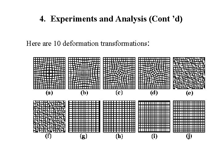 4. Experiments and Analysis (Cont ’d) Here are 10 deformation transformations: 