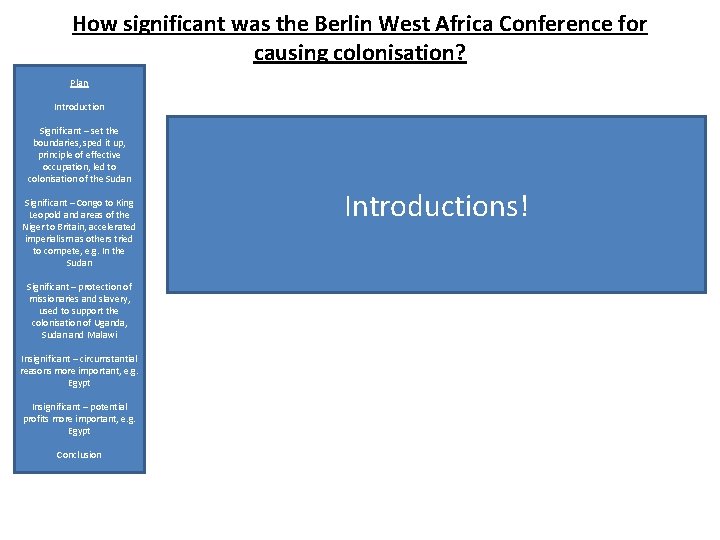 How significant was the Berlin West Africa Conference for causing colonisation? Plan Introduction Significant