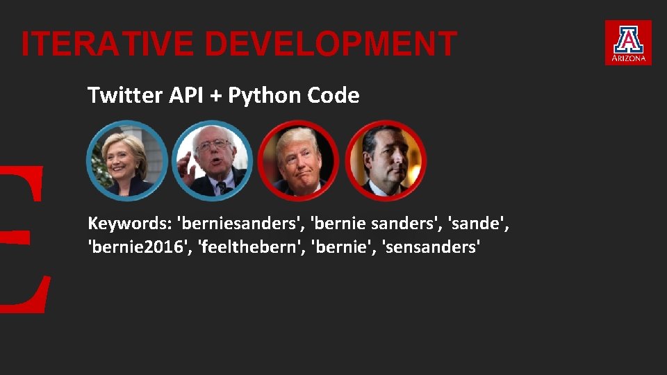 ITERATIVE DEVELOPMENT Twitter API + Python Code Keywords: 'berniesanders', 'bernie sanders', 'sande', 'bernie 2016', ITERATIVE DEVELOPMENT Twitter API + Python Code Keywords: 'berniesanders', 'bernie sanders', 'sande', 'bernie 2016',