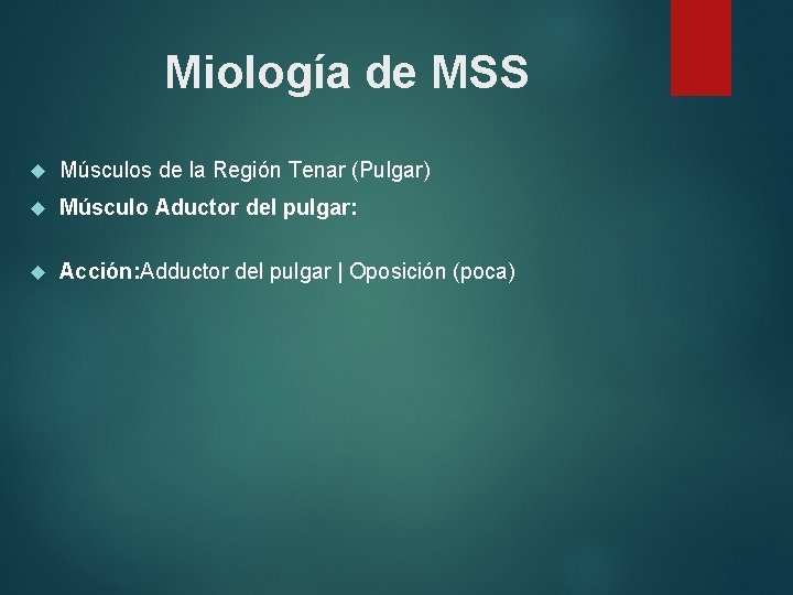 Miología de MSS Músculos de la Región Tenar (Pulgar) Músculo Aductor del pulgar: Acción: