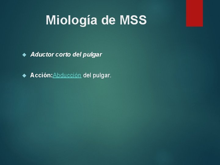 Miología de MSS Aductor corto del pulgar Acción: Abducción del pulgar. 