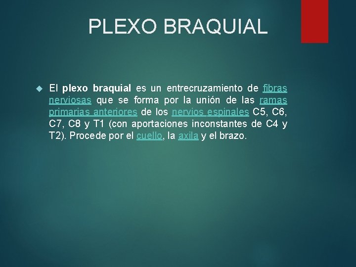 PLEXO BRAQUIAL El plexo braquial es un entrecruzamiento de fibras nerviosas que se forma