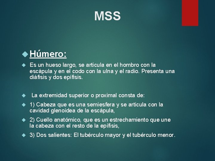 MSS Húmero: Es un hueso largo, se articula en el hombro con la escápula