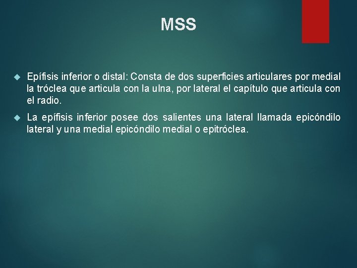 MSS Epífisis inferior o distal: Consta de dos superficies articulares por medial la tróclea