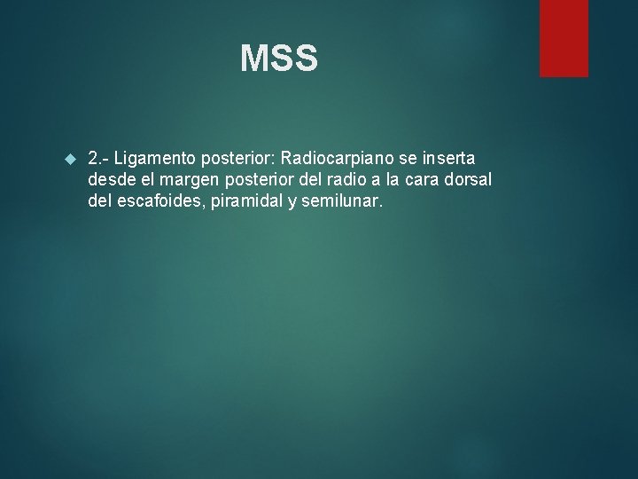 MSS 2. - Ligamento posterior: Radiocarpiano se inserta desde el margen posterior del radio