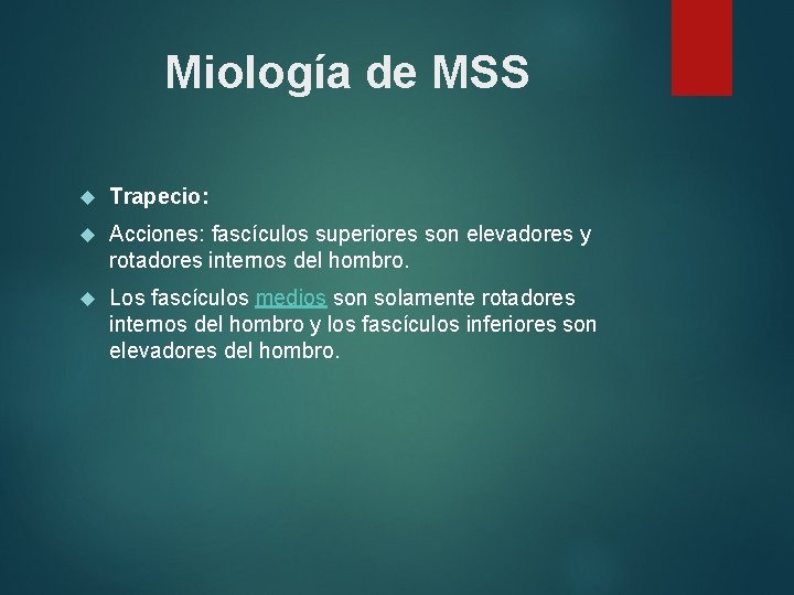 Miología de MSS Trapecio: Acciones: fascículos superiores son elevadores y rotadores internos del hombro.