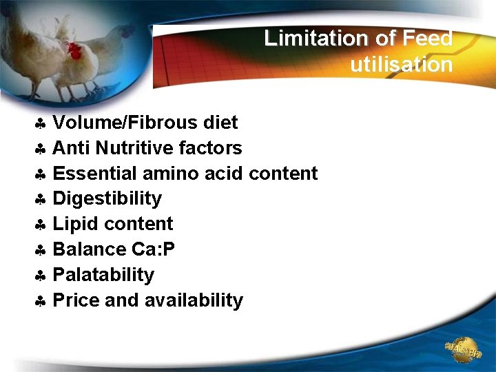 Limitation of Feed utilisation § Volume/Fibrous diet § Anti Nutritive factors § Essential amino Limitation of Feed utilisation § Volume/Fibrous diet § Anti Nutritive factors § Essential amino