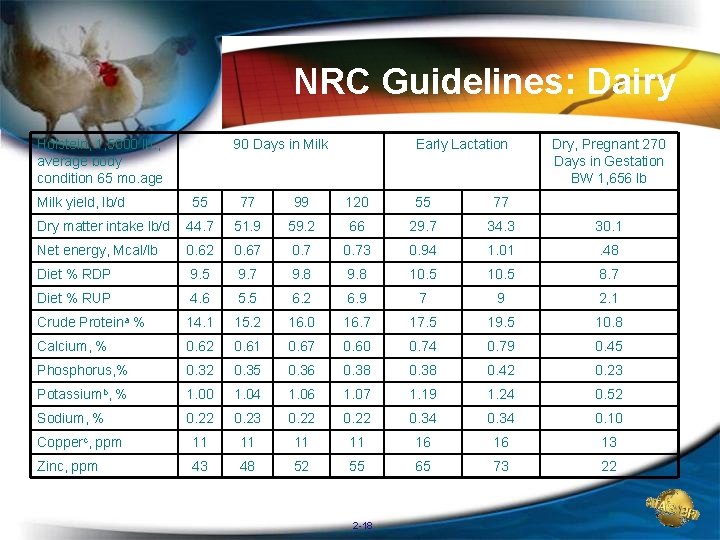 NRC Guidelines: Dairy Holstein, 1, 5000 lb. , average body condition 65 mo. age NRC Guidelines: Dairy Holstein, 1, 5000 lb. , average body condition 65 mo. age
