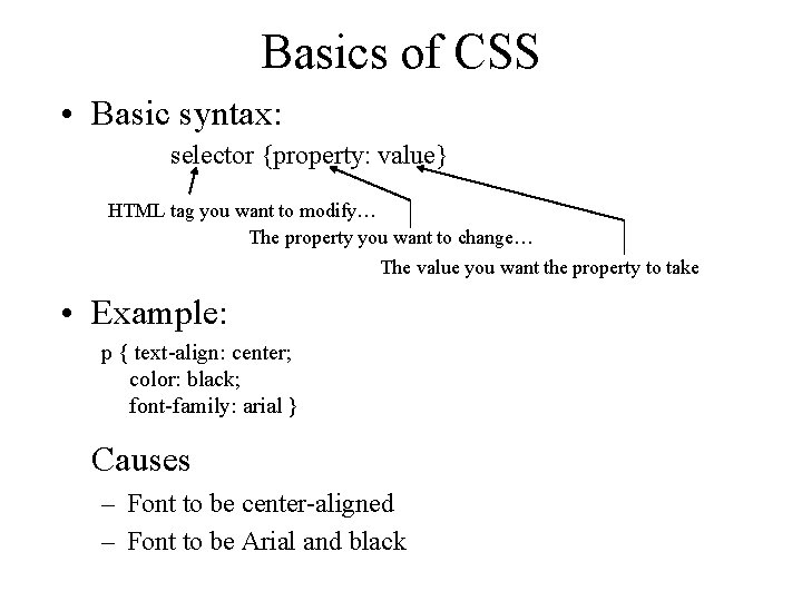 Basics of CSS • Basic syntax: selector {property: value} HTML tag you want to