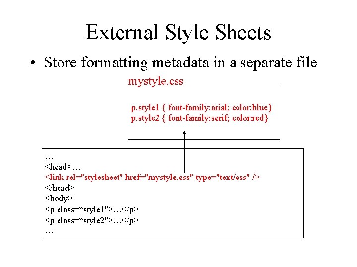 External Style Sheets • Store formatting metadata in a separate file mystyle. css p.