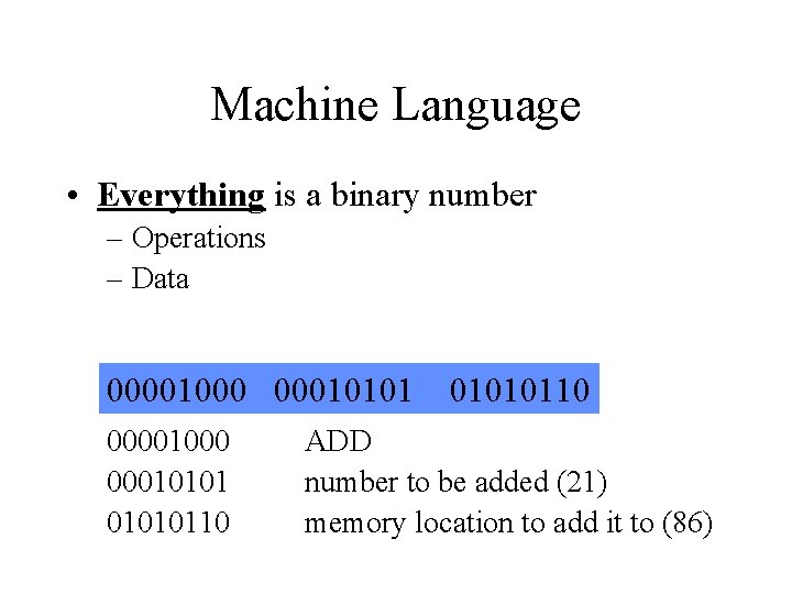 Machine Language • Everything is a binary number – Operations – Data 00001000 0001010110