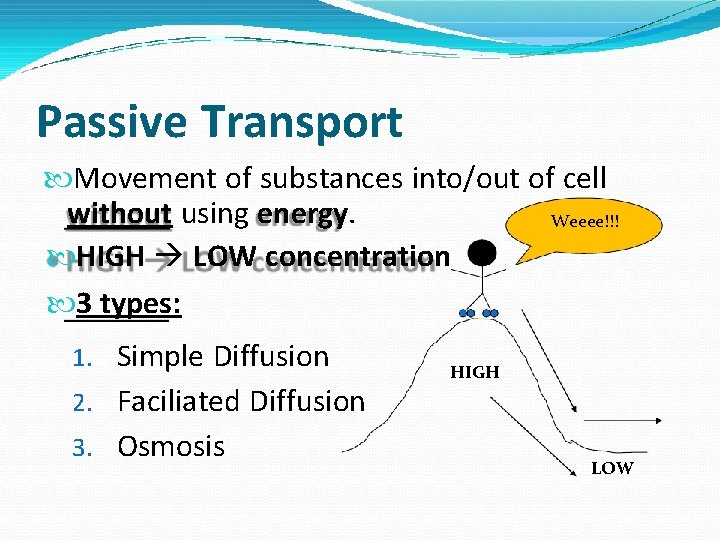 Passive Transport Movement of substances into/out of cell without using energy. HIGH LOW concentration
