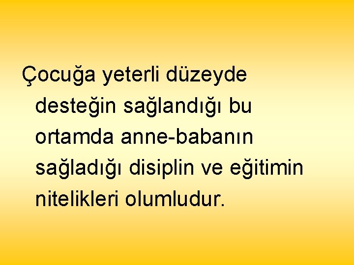 Çocuğa yeterli düzeyde desteğin sağlandığı bu ortamda anne-babanın sağladığı disiplin ve eğitimin nitelikleri olumludur.