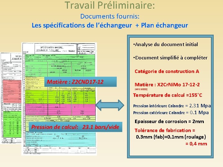Travail Préliminaire: Documents fournis: Les spécifications de l’échangeur + Plan échangeur • Analyse du