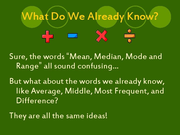 What Do We Already Know? Sure, the words “Mean, Median, Mode and Range” all