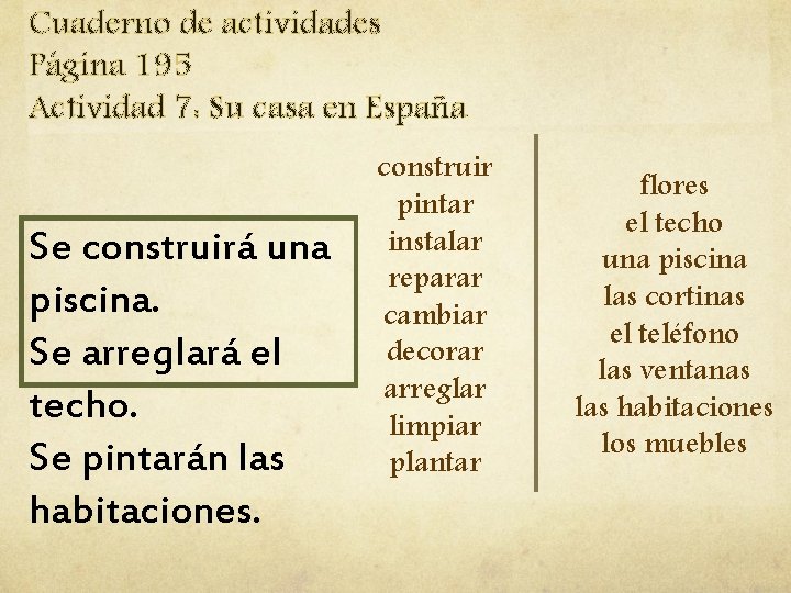 Cuaderno de actividades Página 195 Actividad 7: Su casa en España Se construirá una