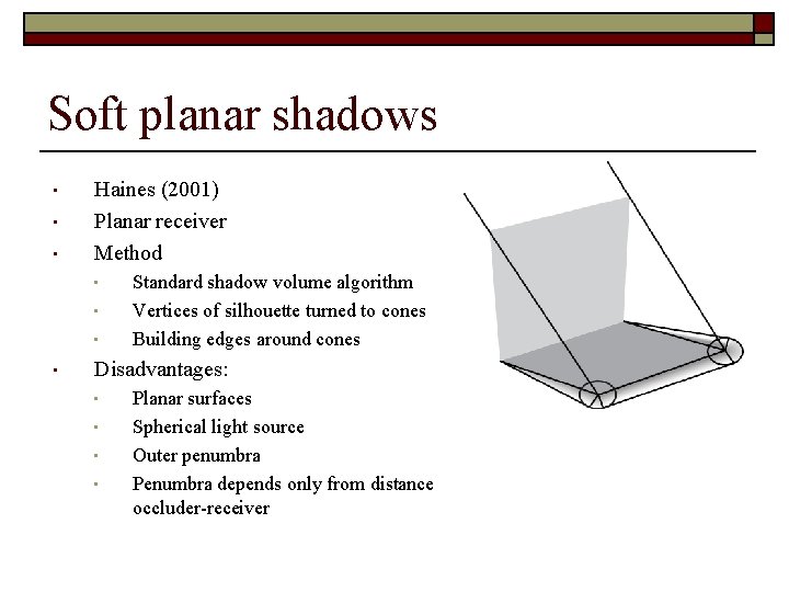 Soft planar shadows • • • Haines (2001) Planar receiver Method • • Standard