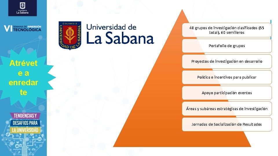 48 grupos de investigación clasificados (55 total), 60 semilleros Portafolio de grupos Atrévet ea