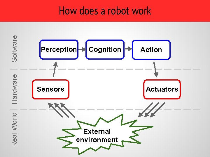 Real World Hardware Software How does a robot work Perception Cognition Sensors Action Actuators