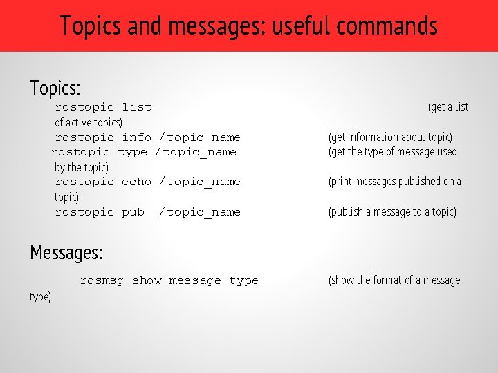 Topics and messages: useful commands Topics: rostopic list of active topics) rostopic info /topic_name