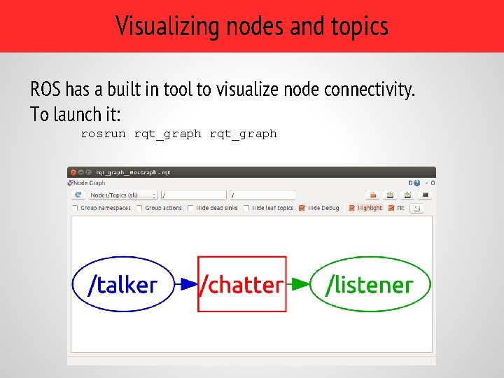 Visualizing nodes and topics ROS has a built in tool to visualize node connectivity. Visualizing nodes and topics ROS has a built in tool to visualize node connectivity.