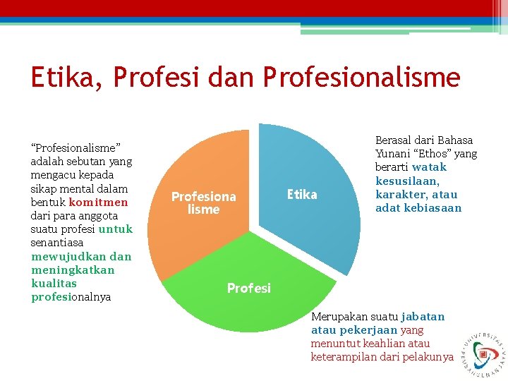 Etika, Profesi dan Profesionalisme “Profesionalisme” adalah sebutan yang mengacu kepada sikap mental dalam bentuk