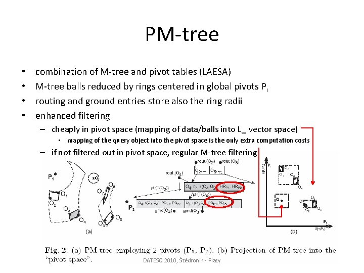 PM-tree • • combination of M-tree and pivot tables (LAESA) M-tree balls reduced by