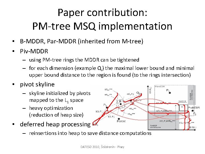 Paper contribution: PM-tree MSQ implementation • B-MDDR, Par-MDDR (inherited from M-tree) • Piv-MDDR –