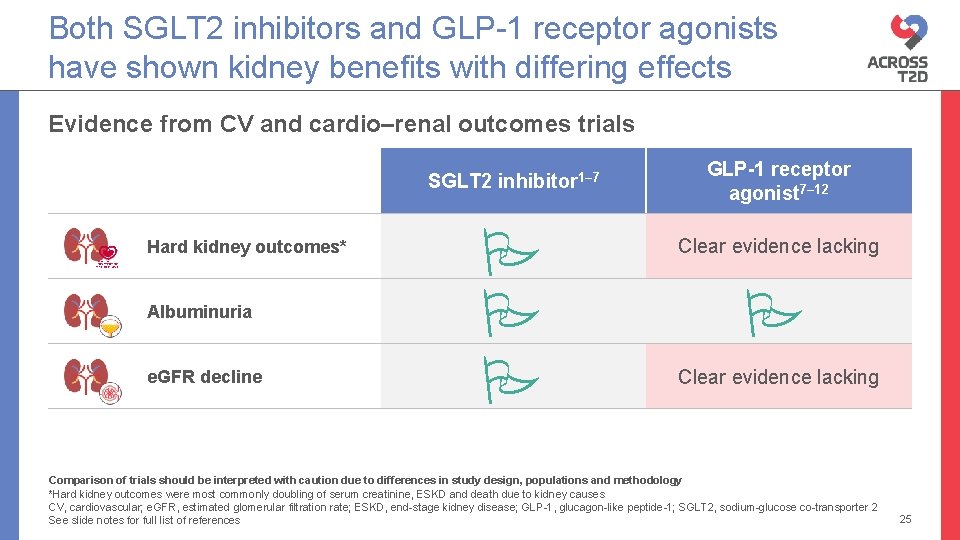 Both SGLT 2 inhibitors and GLP-1 receptor agonists have shown kidney benefits with differing