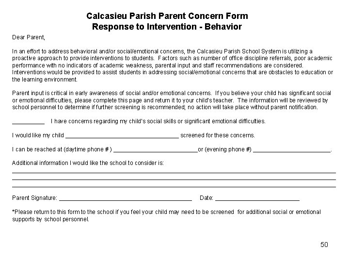 Calcasieu Parish Parent Concern Form Response to Intervention - Behavior Dear Parent, In an