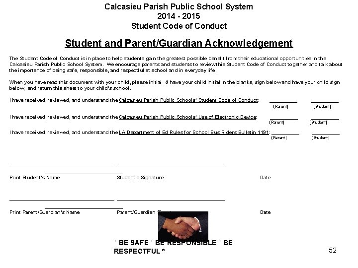 Calcasieu Parish Public School System 2014 - 2015 Student Code of Conduct Student and