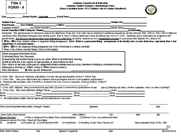 Title X FORM - A Date _______District/Parish Calcasieu Louisiana Department of Education Louisiana Student