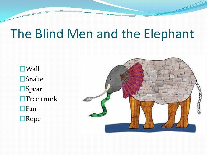 The Blind Men and the Elephant �Wall �Snake �Spear �Tree trunk �Fan �Rope 